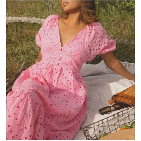 NWT Zara Openwork Embroidered Eyelet Puff Sleeve Pink Maxi Dress - Picture 1 of 6